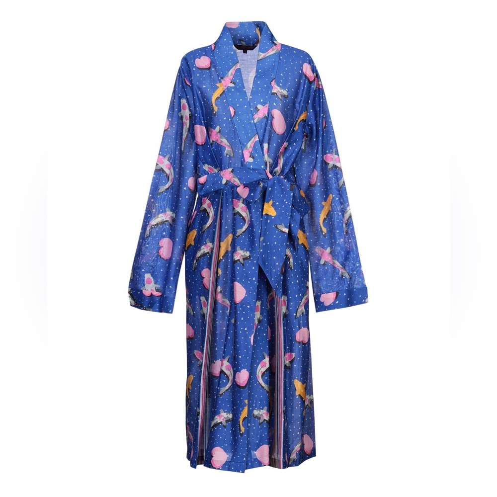 Luxurious Blue Robe with Colorful Fish and Heart Pattern